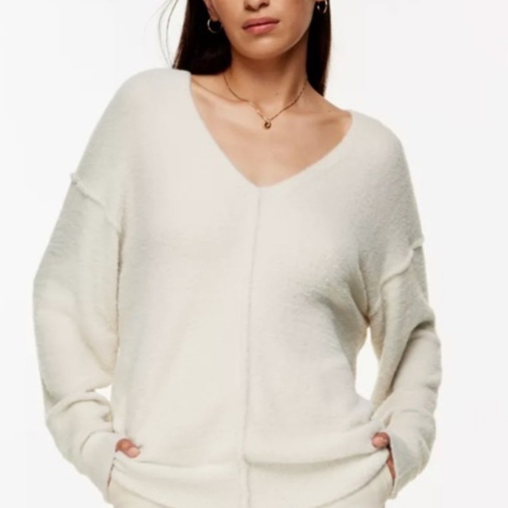 Wilfred Free Small Hush Knit V-Neck Sweater Silver Birch Cream Nylon Long Sleeve
